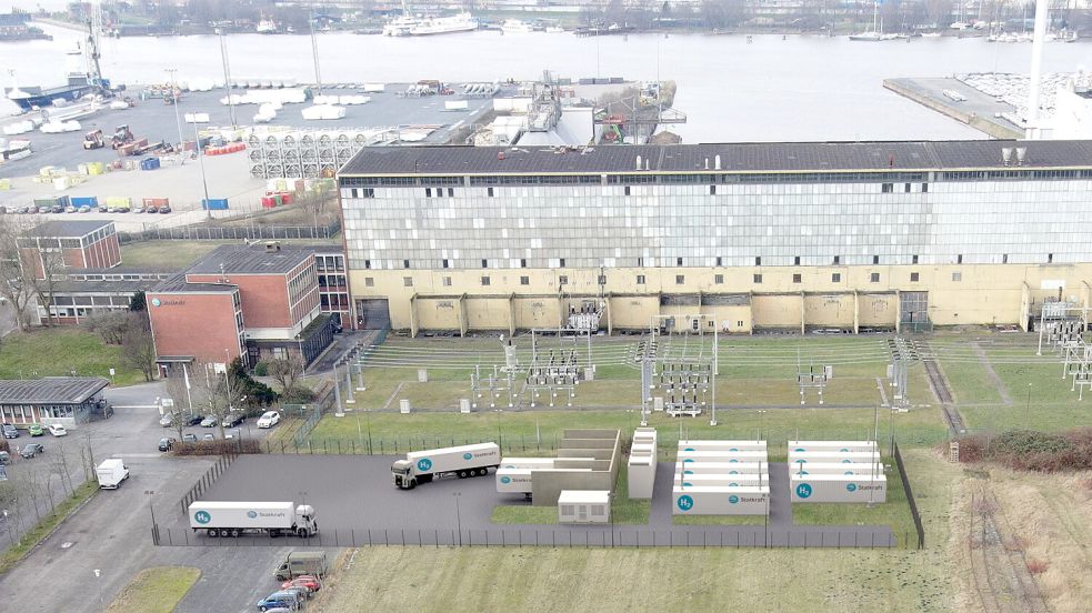 Äußerlich unspektakulär, aber technisch anspruchsvoll: In Containern vor dem Emder Kraftwerk soll die Wasserstoff-Anlage entstehen, wie diese Computerdarstellung zeigt. Grafik: Statkraft