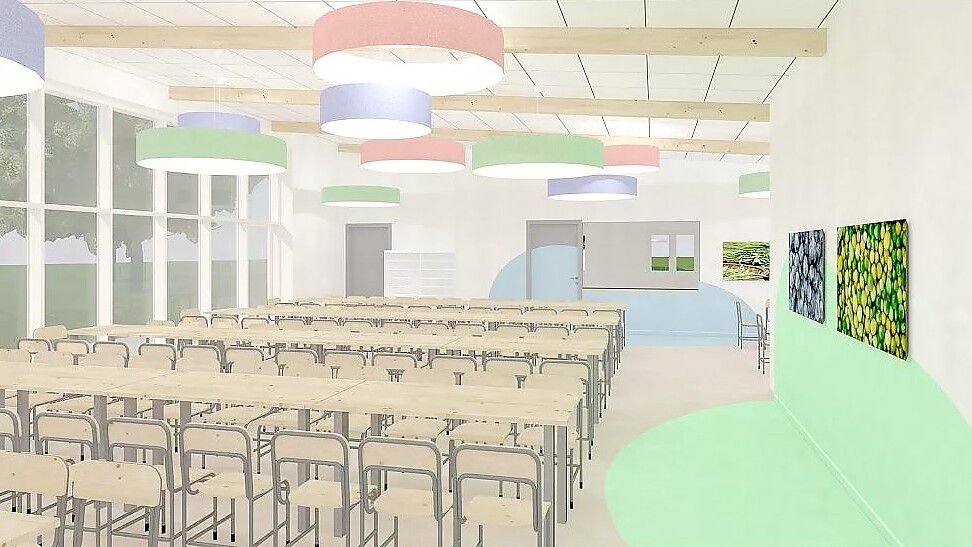 So soll die neue Mensa der Norder Grundschule „Im Spiet“ aussehen. Visualisierungen: Kremer und Kremer Architektur GmbH