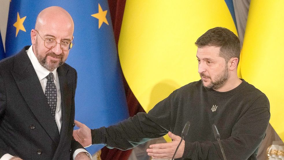 Präsident Wolodymyr Selenskyj empfängt EU-Ratspräsident Charles Michel in Kiew. Foto: Efrem Lukatsky/AP/dpa