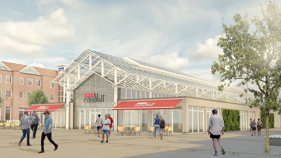 So soll die Markthalle künftig von der Südseite – vom Marktplatz aus – aussehen. Visualisierung: 3ing