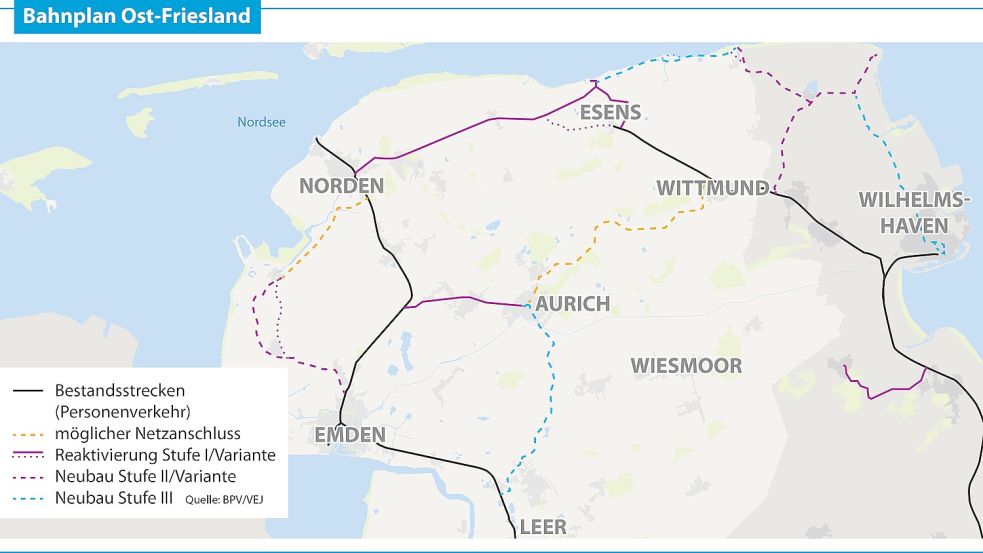 Ein Überblick über bestehende Bahnstrecken in Ostfriesland, Friesland und Wilhelmshaven sowie mögliche Erweiterungen. OZ-Grafik: Archiv
