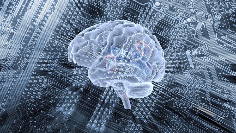 Ein menschliches Gehirn schwebt vor einer Platine. Kann der Geist eines Menschen auf einen Computer geladen werden? Foto: imago images/Science Photo Library