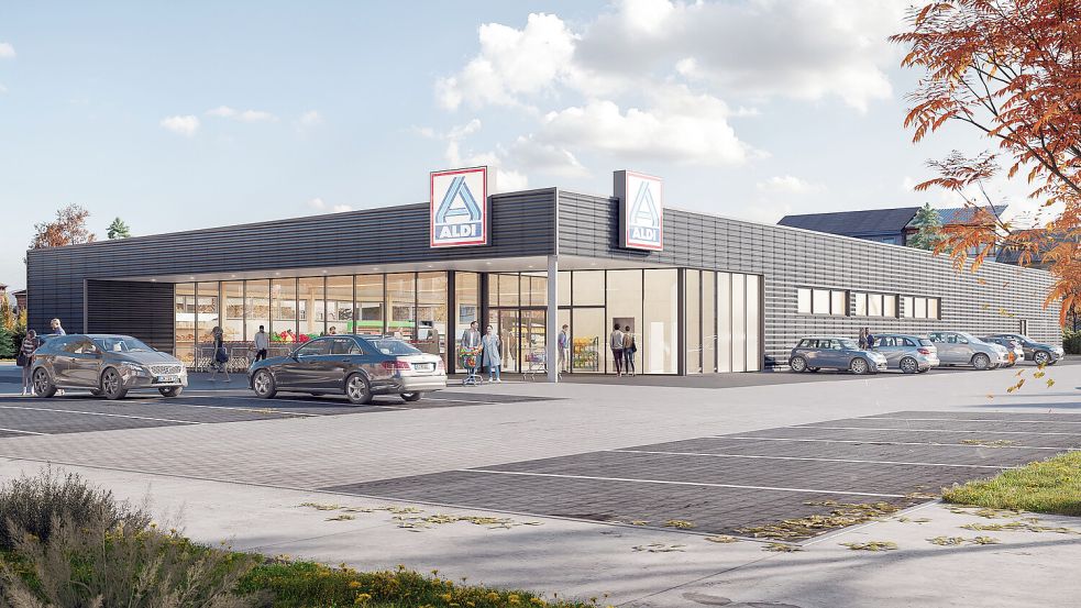 Diese vom Unternehmen veröffentlichte Visualisierung zeigt, wie der neue Aldi-Markt in Marienhafe aussehen soll. Grafik: Aldi Nord