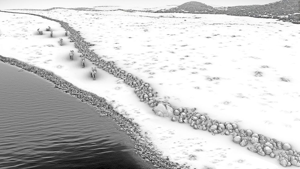 Grafische Rekonstruktion des Steinwalls als Treibjagdstruktur in einer spätglazialen/frühholozänen Landschaft - erstellt von Michał Grabowski auf Grundlage der bathymetrischen Daten und des Unterwasser 3D Modells. Foto: Michał Grabowski
