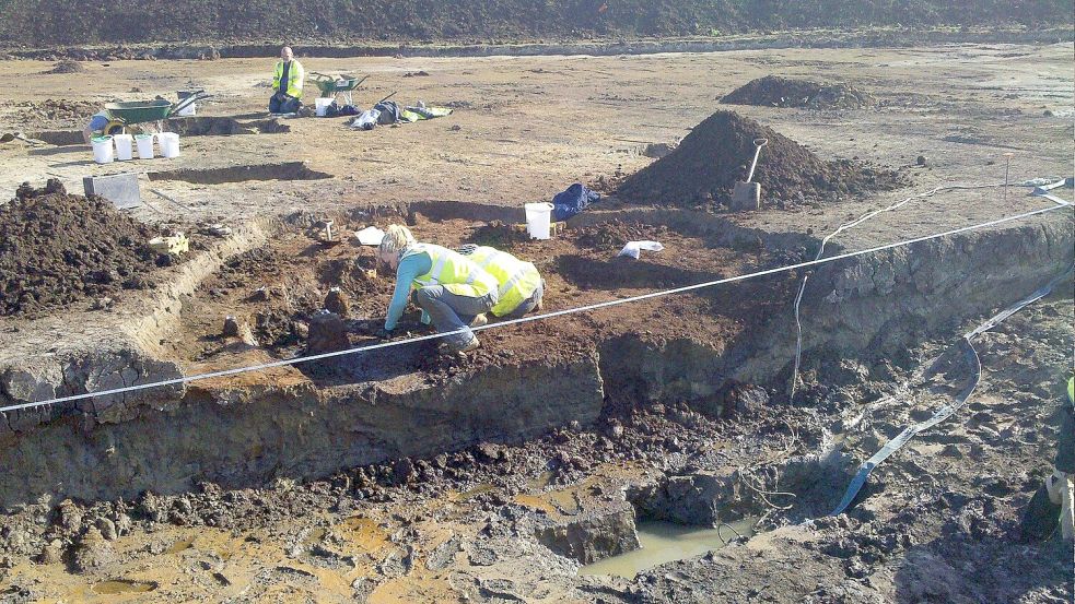 Dieses von Oxford Archaeology zur Verfügung gestellte Foto zeigt die Ausgrabungsstätte im mittelenglischen Aylesbury. Foto: -/Oxford Archaeology/dpa