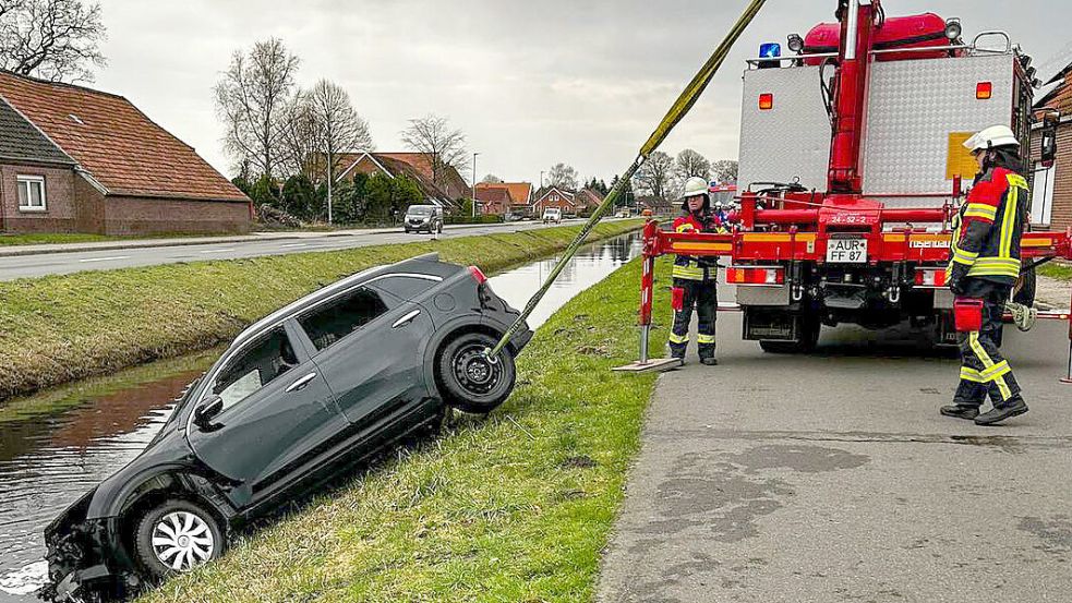 Die Feuerwehr zog den Wagen aus dem Kanal. Foto: Ole Gronewold, Feuerwehr Großefehn-Zentrum