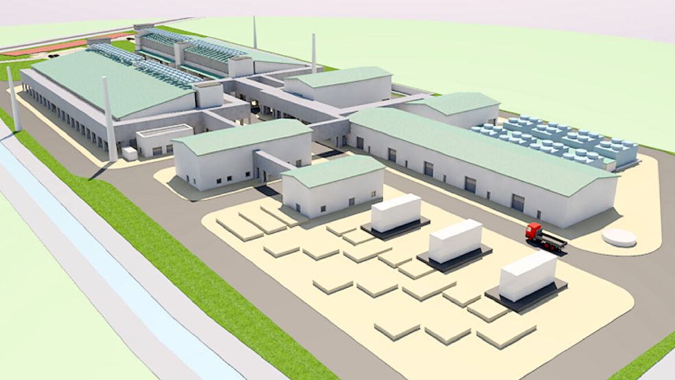 Mehrere Hallen auf sechs Hektar: So soll die Anlage auf einem Grundstück am Wykhoffweg im Borssumer Hammrich bei Emden aussehen. Grafik: EWE