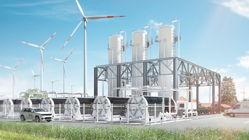 So soll die Wasserstoff-Fabrik im Borssumer Hammrich aussehen. Grafik: EWE