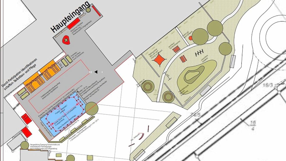 Auf der Zeichnung sind blau unterlegt das Soccerfeld und grün unterlegt der Bereich für die Spielgeräte zu erkennen. Grafik: Gemeinde Südbrookmerland