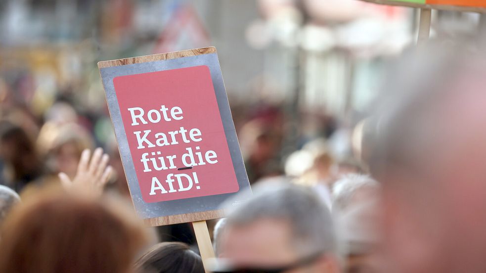 „Rote Karte für die AfD“ ist auf einem Plakat bei einer Demonstration gegen Rechtsextremismus in der Würzburger Innenstadt zu lesen. Foto: DPA