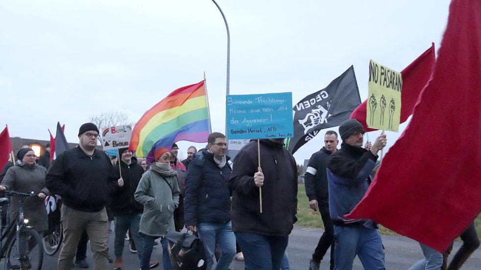 Es gab eine Vielzahl von Plakaten im Demozug. Außerdem skandierte die Gruppe während des Zuges Anti-AfD-Parolen. Foto: Karin Böhmer