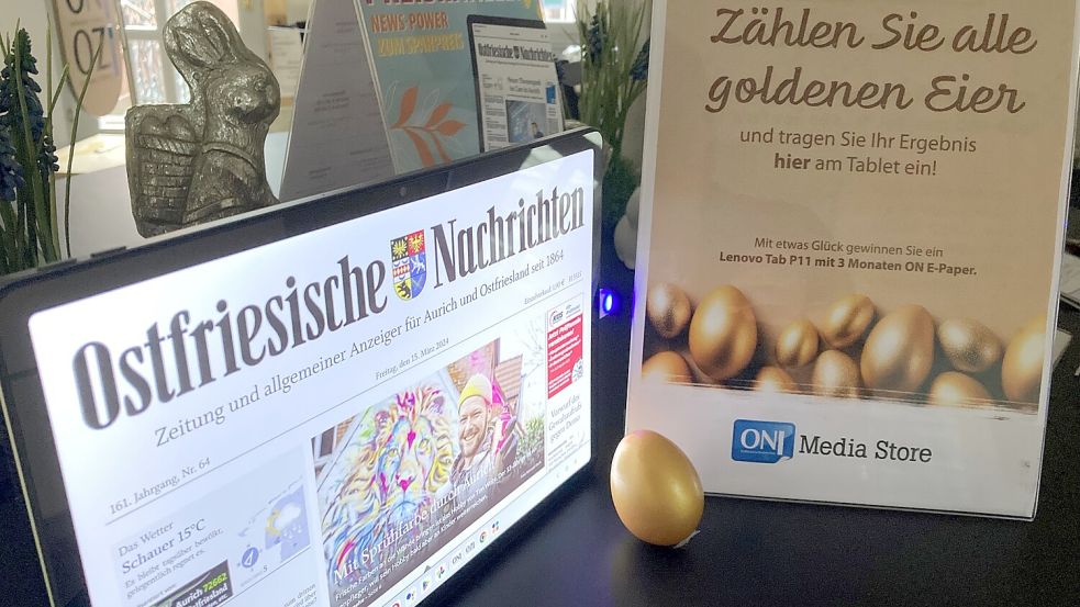 Gewinnspielfrage zum Osterfest: Wie viele Goldeier sind im ON-Media-Store in der Kirchstraße 8 dekoriert? Foto: Udo Hippen