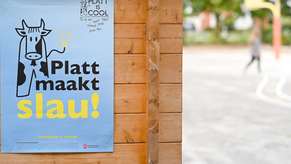„Platt maakt slau“ (Plattdeutsch macht schlau) steht auf einem Plakat an einer Grundschule. Im Gegensatz zu Dialekten wie Bayerisch oder Schwäbisch ist Plattdeutsch sogar eine eigene, anerkannte Sprache. Foto: dpa/Lars Penning
