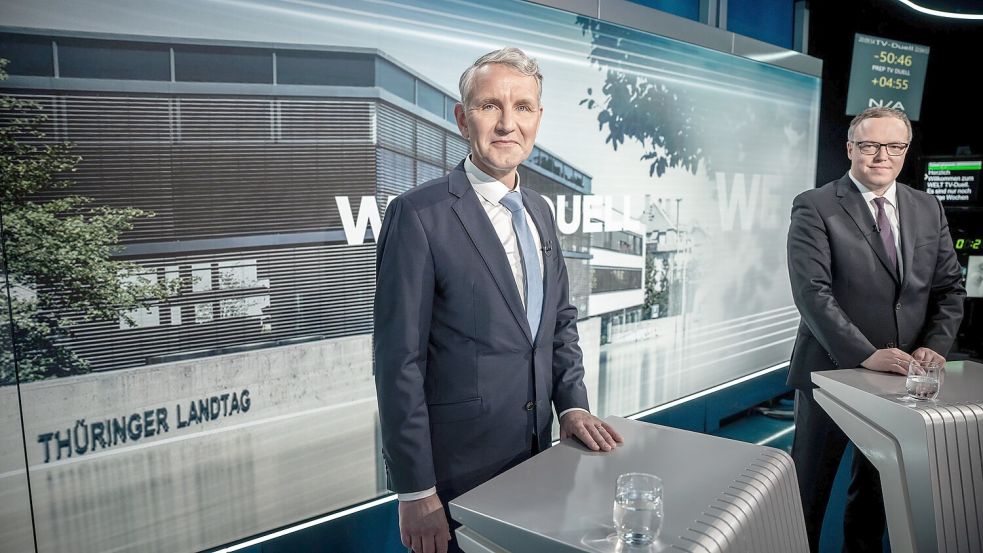 „Oder es ist ein Gedächtnisproblem“: AfD-Politiker Björn Höcke (links) beim „Welt“-TV-Duell mit dem CDU-Kandidaten Mario Voigt. Foto: dpa/Michael Kappeler