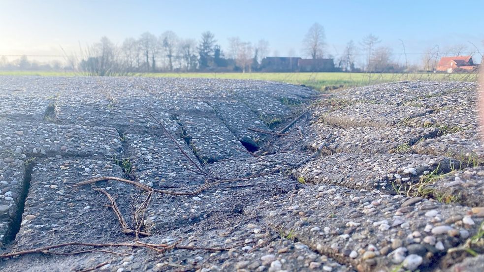Nur eine von vielen stark beschädigten Stellen am Alander Weg. Mit dem Auto ist das Befahren der Straße abenteuerlich. Mit dem Fahrrad kann es durchaus auch gefährlich werden. Foto: Holger Janssen