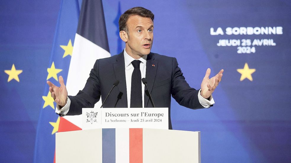 Frankreichs Präsident Emmanuel Macron hielt eine Rede an der berühmten Pariser Sorbonne Universität. Foto: AFP/Christophe Petit Tesson