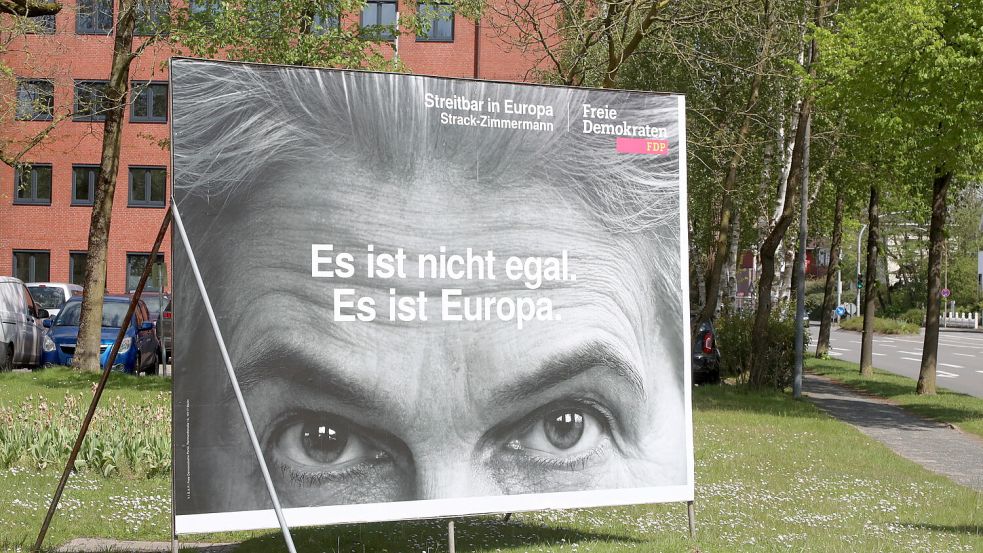 Die FDP wirbt am Auricher Pferdemarkt mit Augen- und Stirnpartie ihrer Spitzenkandidatin Agnes-Marie Strack-Zimmermann. Foto: Romuald Banik