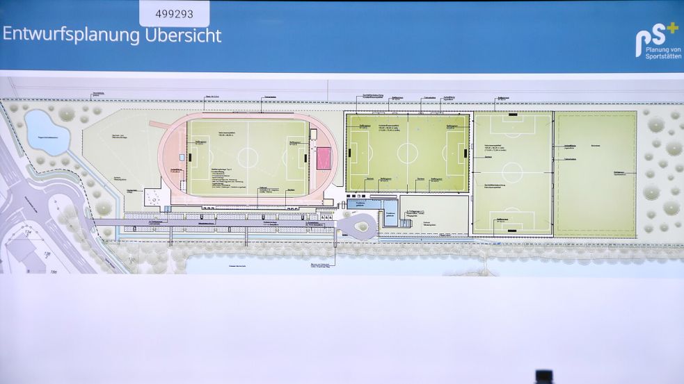Dieser aktuelle Plan zeigt die Aufteilung des an der Bundesstraße (ganz links) gelegenen neuen Sportzentrums am Tjücher Moortun in Marienhafe. Grafik: Büro „PS+ Elsner Heidbreder“