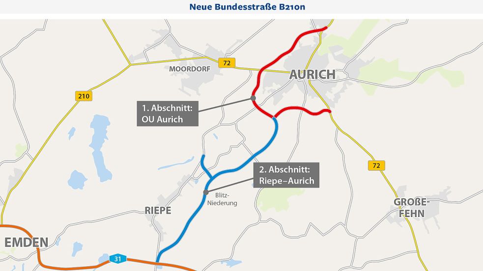 Die geplante Trasse der Bundesstraße 210n mit der Ortsumfahrung Aurich (rote Linie) und dem Autobahnzubringer nach Riepe (blaue Linie).