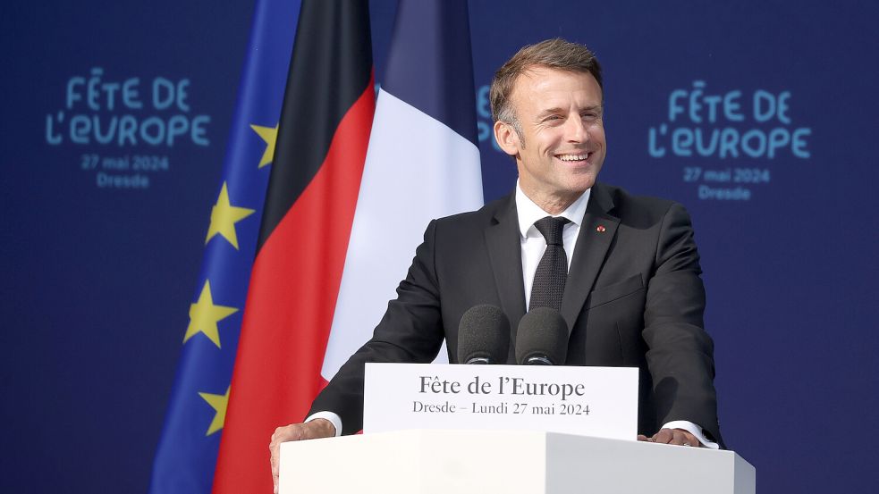 „Europa muss aufwachen“: Frankreichs Präsident Emmanuel Macron bei seiner Rede in Dresden. Foto: dpa/Jan Woitas