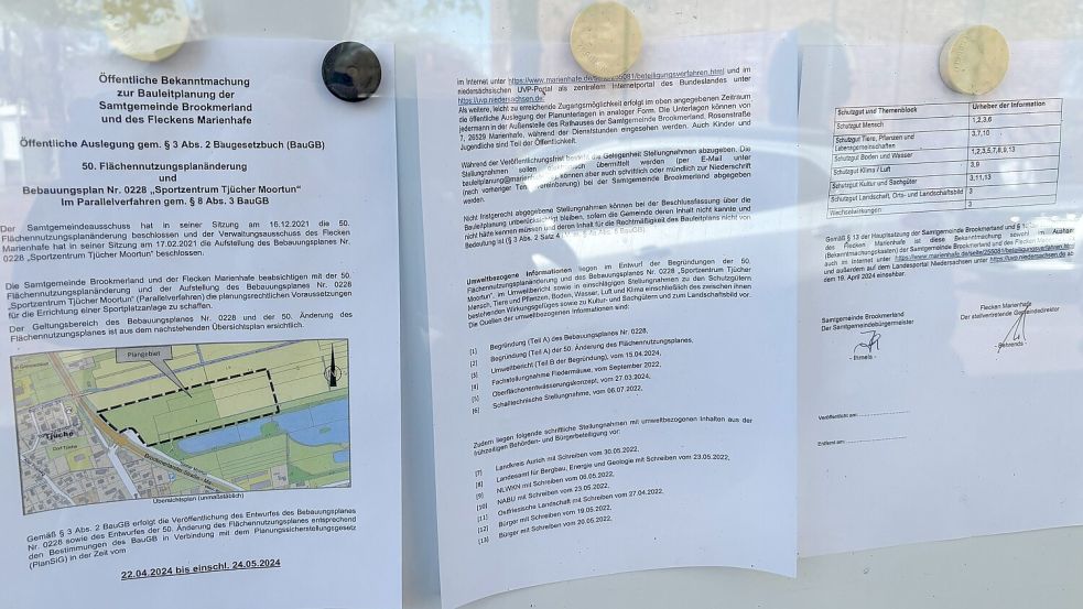 An dem bisherigen Aushang im Mai (Bild) wurden die angeblich falsch dargestellte Fläche (linkes Blatt) sowie fehlende Daten und Unterschriften (Blatt rechts) bemängelt. Foto: Thomas Dirks