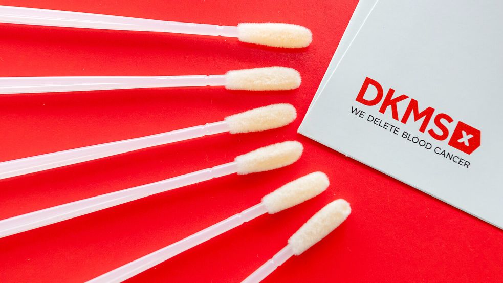 Medizinische Wattestäbchen zur Abnahme von Zellen aus der Wangenschleimhaut liegen auf einem Prospekt der Deutschen Knochenmarkspenderdatei (DKMS), in der Zellspender erfasst werden. Foto: DPA