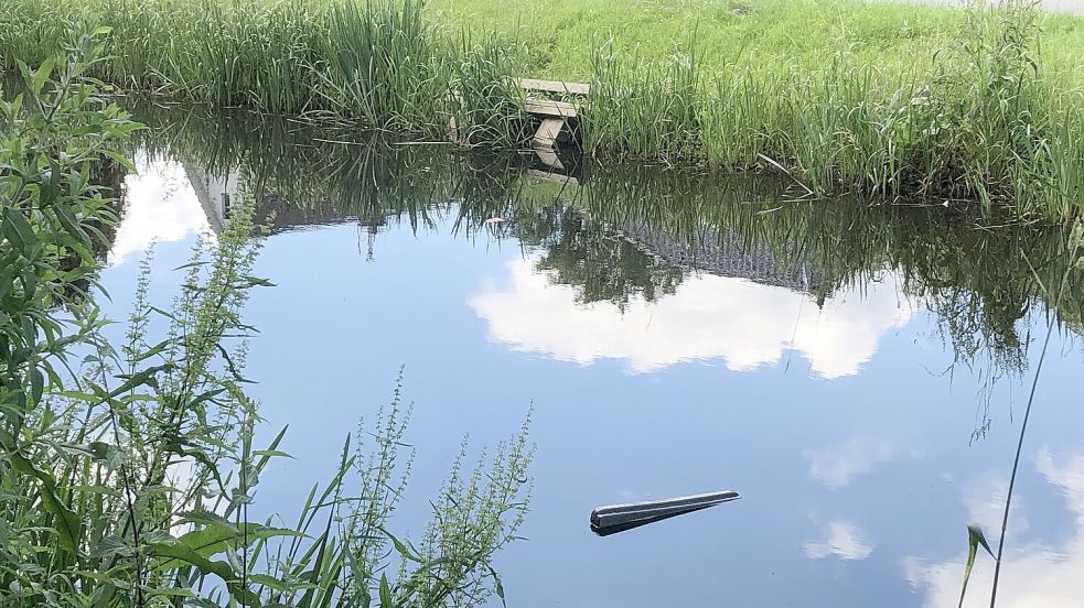 Unbekannte hatten in Ostrhauderfehn randaliert – auch entlang der Schifferstraße: Vorne im Wasser ist nur noch die Kante einer Papiertonne zu sehen, hinten liegt eine Bank im Wasser. Foto: Privat