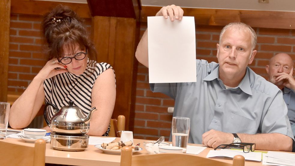 Heinrich Ubben hält in der Leezdorfer Ratssitzung ein leeres Blatt hoch. Das entspreche dem, was BWG und CDU inhaltlich vorzutragen hätten, sagte er. Links: Seine Fraktionskollegin Heidi Schmidt. Foto: Thomas Dirks