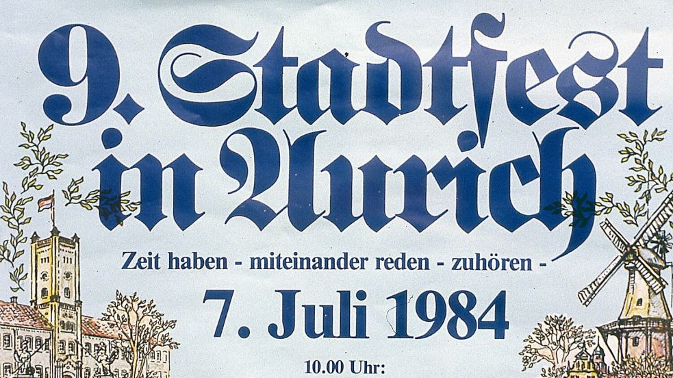 Aus der Feder des Auricher Künstlers Karl Gramberg: Das offizielle Stadtfest-Plakat 1984 symbolisierte den Bürgerfest-Charakter. Foto: ON-Archiv/Theesfeld