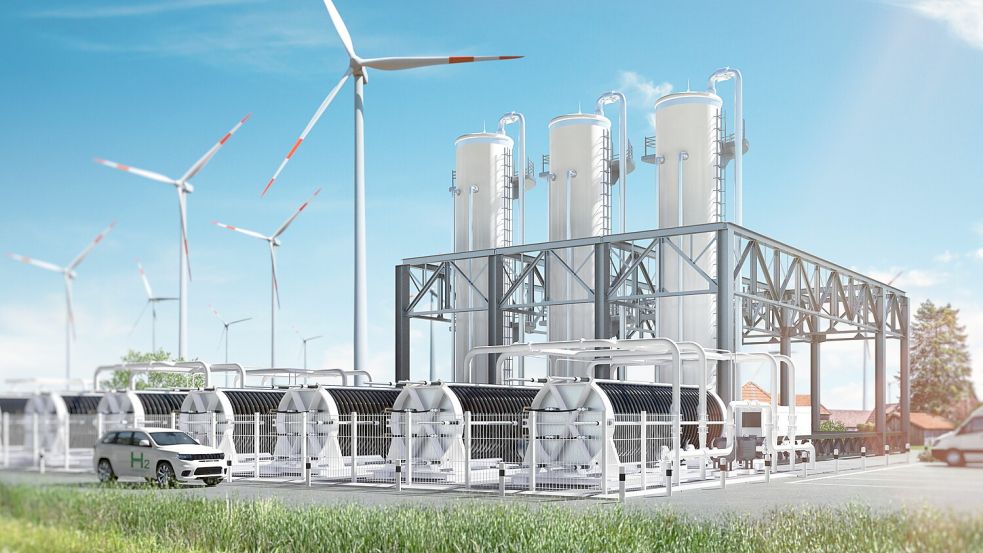 So soll der Elektrolyseur der EWE im Borssumer Hammrich bei Emden aussehen.Grafik: EWE/Litho Niemann+M. Steggemann