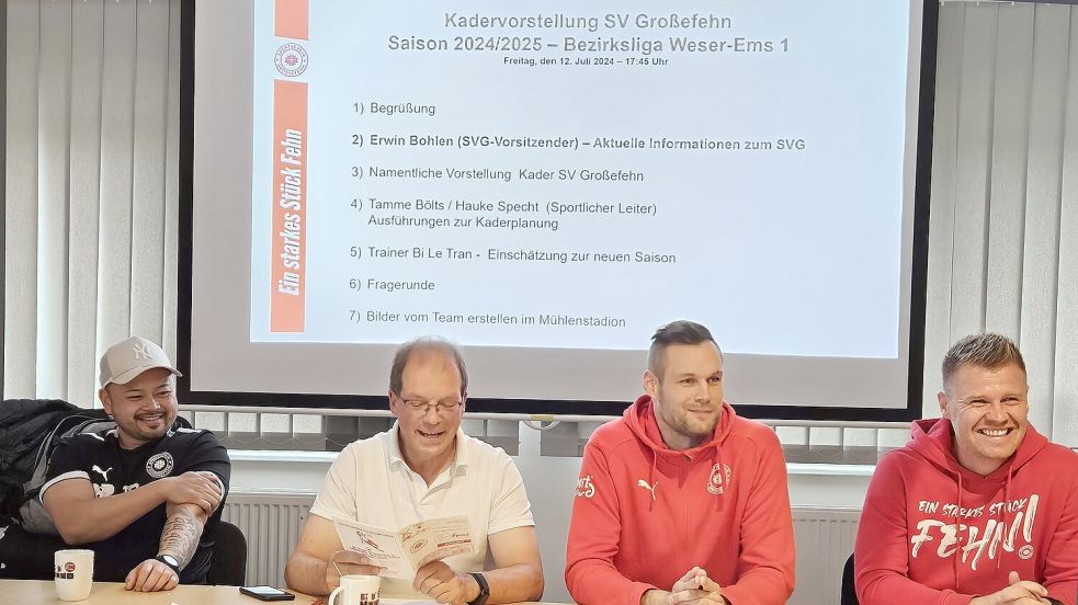 Für einen heiteren Moment während der Kadervorstellung sorgte der SVG-Vorsitzende Erwin Bohlen (Zweiter von links), als er aus einem mehr als 40 Jahre alten Vereinsmagazin einen Spielbericht über einen Auswärtssieg des SVG in Westrhauderfehn vorlas. Trainer Bi Le Tran (von links) und die beiden Sportlichen Leiter Hauke Specht und Tamme Bölts sowie auch die Zuhörer im Vereinsheim mussten an der einen oder anderen Stelle schmunzeln.