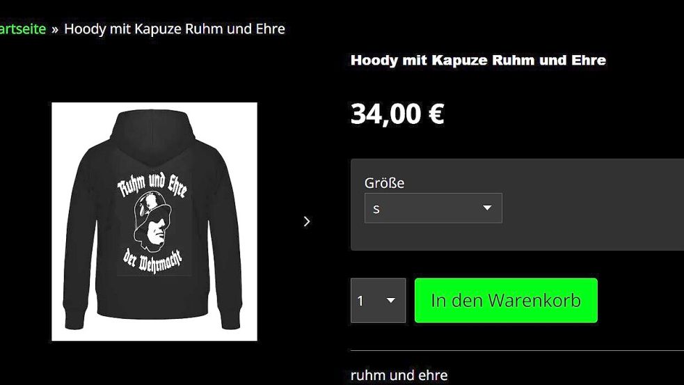 „Ruhm und Ehre der Wehrmacht“ als Pullover-Motiv. Screenshot: Hock