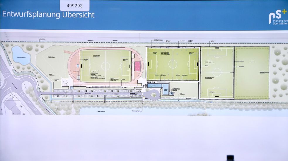 Dieser Plan zeigt die Aufteilung des an der Bundesstraße 72 (ganz links) gelegenen neuen Sportzentrums am Tjücher Moortun in Marienhafe. Grafik: Büro „PS+ Elsner Heidbreder“