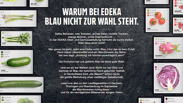 Edeka-Anzeige zu dem Motto „Warum bei Edeka blau nicht zur Wahl steht“ Foto: Edeka