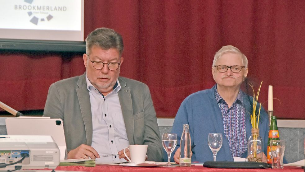 Dieses Foto, das Brookmerlands Samtgemeindebürgermeister Gerhard Ihmels (SPD, links) und den Ratsvorsitzenden Burkhard Heuer (SPD) kurz vor Ende der fast dreistündigen Ratssitzung zeigt, war eines der wenigen, das noch zulässig war. Foto: Thomas Dirks