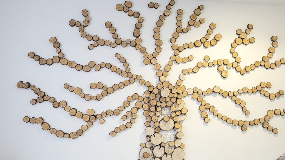 In einem Gemeinschaftsraum wurde eine Wand mit Baumscheiben dekoriert. Foto: privat