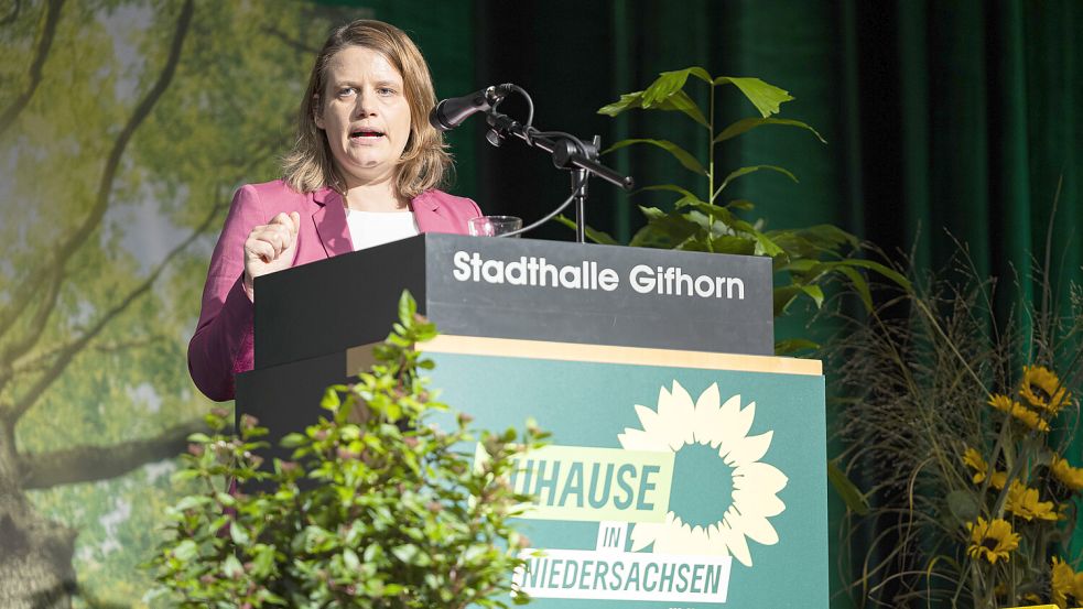 Glaubt an Lösungen in der aktuellen VW-Krise: Niedersachsens stellvertretende Ministerpräsidentin Julia Willie Hamburg (Grüne) bei ihrer Rede in Gifhorn. Foto: dpa/Michael Matthey