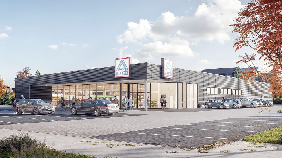 Diese vom Unternehmen veröffentlichte Visualisierung zeigt, wie der neue Aldi-Markt in Marienhafe aussehen soll. Grafik: Aldi Nord