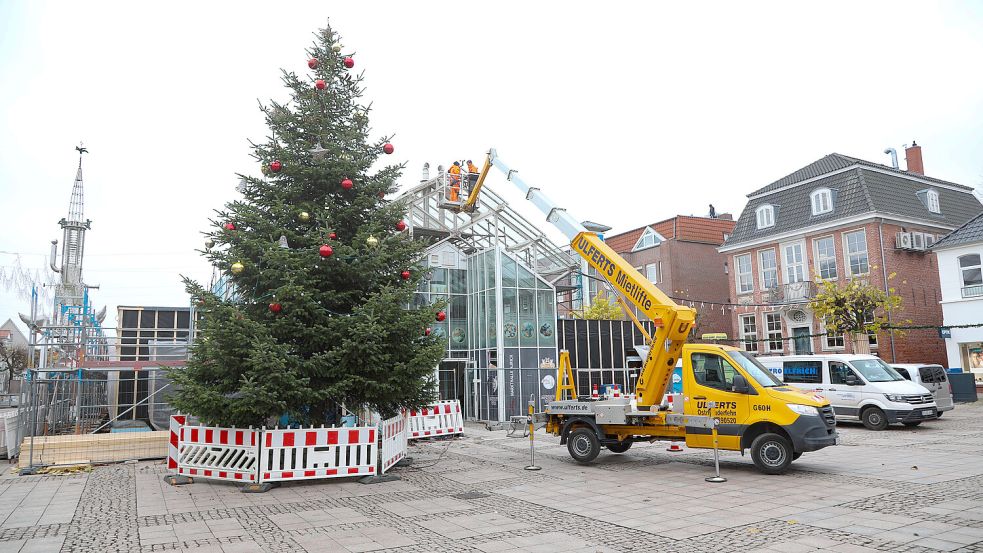 Am Donnerstag wurde der Auricher Weihnachtsbaum aufgestellt und geschmückt. Foto: Romuald Banik