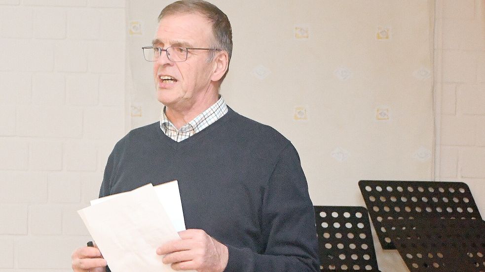 Moderator Ludwig Soeken gab im Gemeindehaus Timmel die Rollenverteilung bekannt. Foto: Gerd-Arnold Ubben