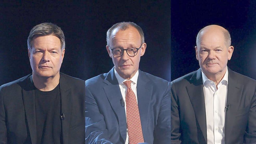 Robert Habeck, Friedrich Merz und Olaf Scholz durften zur besten Sendezeit auf ProSieben über ihr Verständnis von Anstand in der Politik sprechen. Alice Weidel war nicht eingeladen. Foto: Youtube/Joko und Klaas