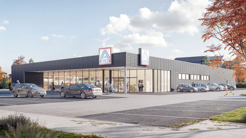 Diese vom Unternehmen veröffentlichte Visualisierung zeigt, wie der neue Aldi-Markt in Marienhafe aussehen soll. Grafik: Aldi Nord