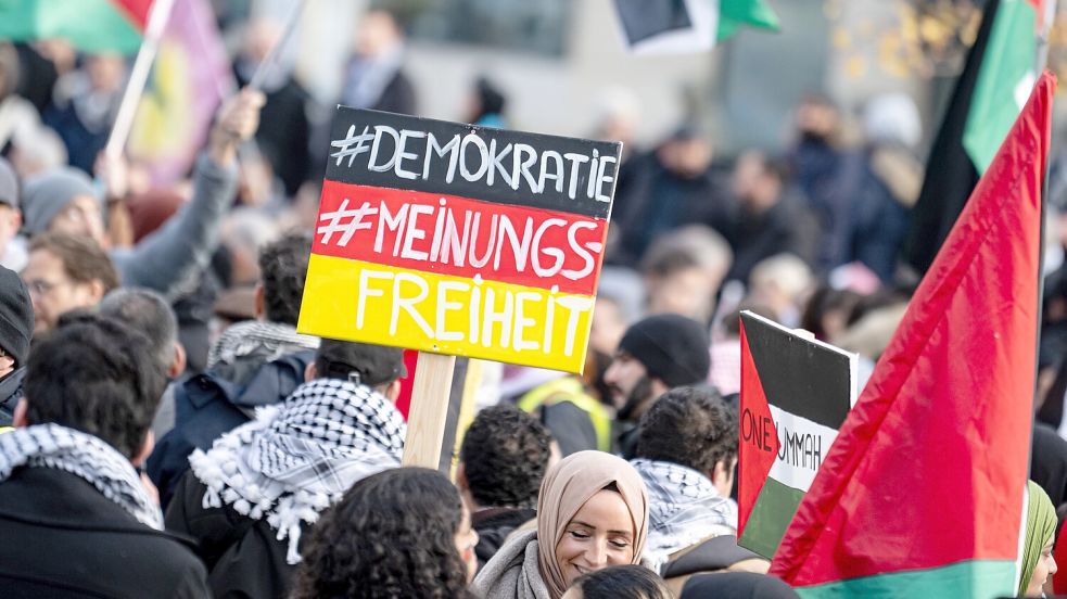 Bei einer Pro-Palästina-Demonstration ist neben palästinensischen Fahnen auch ein Schild in Deutschlandfarben mit der Aufschrift „#Demokratie - #Meinungsfreiheit“ zu sehen. Foto: dpa/Fabian Sommer