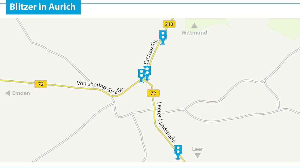 Stationäre Blitzer stehen in Aurich an der Esenser Straße, am Pferdemarkt und an der Leerer Landstraße. Grafik: Will