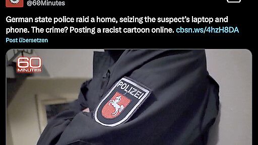 Ein Beitrag des US-TV-Magazins „60 Minutes“ über Razzien wegen Hasskriminalität in Deutschland sorgt in Amerika für Aufruhr. Foto: 60 Minutes/ CBS