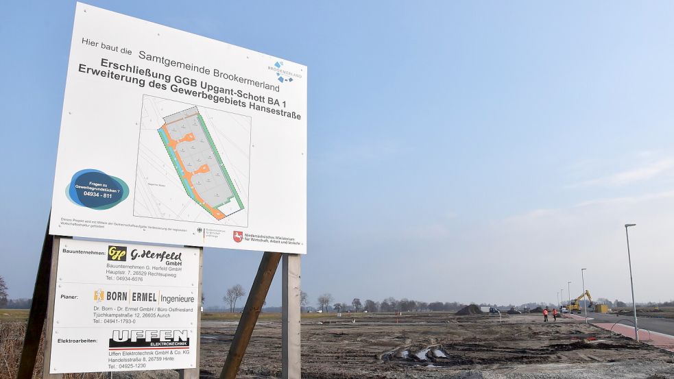 Die erste Erweiterung des Gewerbegebiets Hansestraße in Upgant-Schott ist abgeschlossen. Im zweiten Bauabschnitt könnte sich Tell Bau ansiedeln. Foto: Thomas Dirks