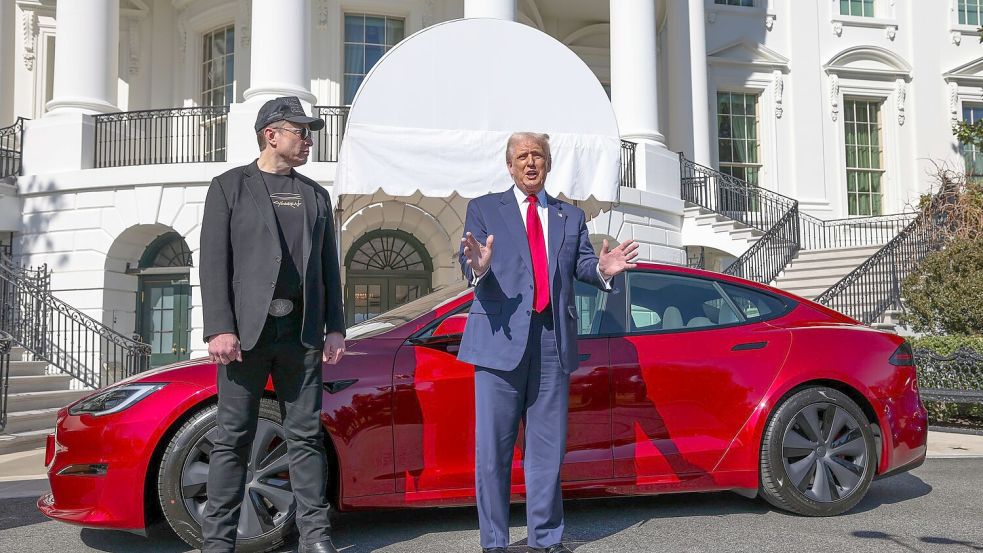 Nach dem Kurssturz bei Tesla springt US-Präsident Donald Trump der Firma seines engen Verbündeten Elon Musk zur Seite und ließ mehrere Teslas vor dem Weißen Haus auffahren. (Archivbild) Foto: -/Pool/AP/dpa