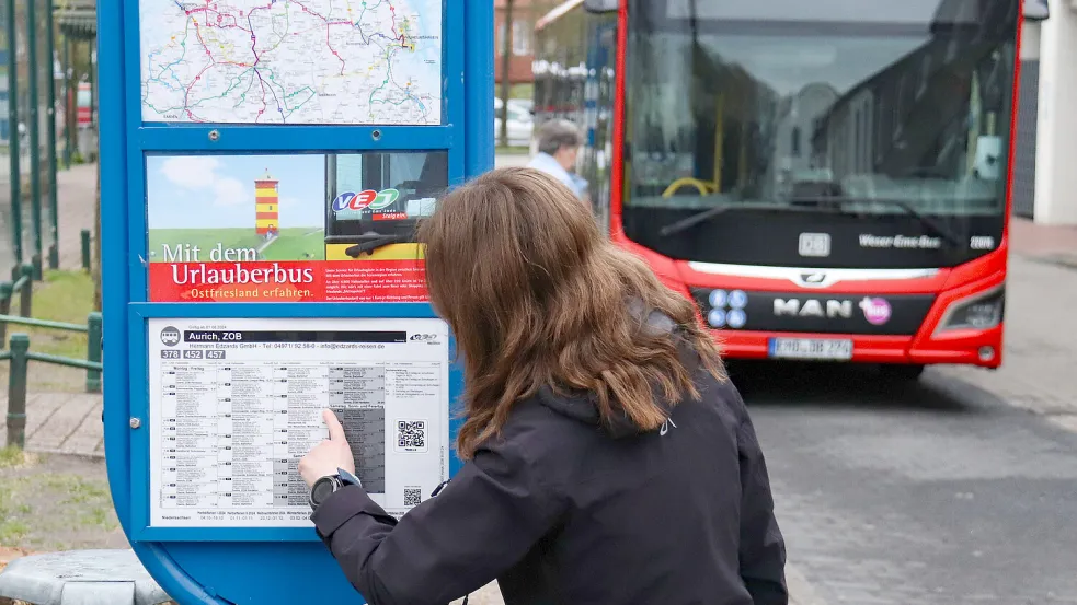 Fahrplanlesen am Auricher ZOB. Im Hintergrund wartet der Plusbus. Foto: Romuald Banik