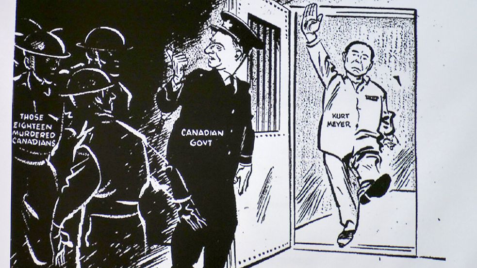 „Keep moving, don′t block the exit“: Eine Karikatur aus einer kanadischen Zeitung, die eher weniger begeistert auf die Begnadigung von Kurt Meyer reagierte. Quelle: Archiv Kellner