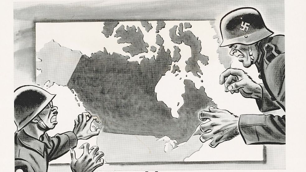 Ein kanadisches Plakat stellt die Bedrohung durch das Deutsche Reich und Japan dar und bewirbt den Erwerb von Kriegsanleihen. Foto: Library and Archives Canada